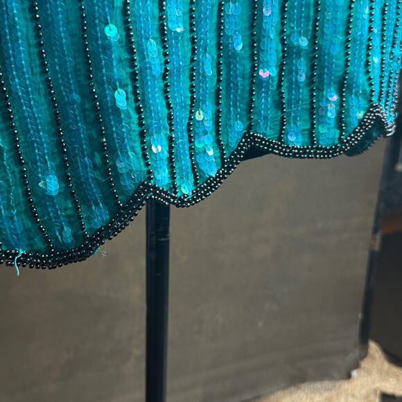 Royal Feelings Vintage Silk Sequin Beaded Top XL Teal Black Evening Party Blouse - Picture 9 of 15